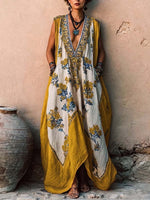 Women's Casual Loose Cotton-linen Dress — V-neck Sleeveless With Placement Print