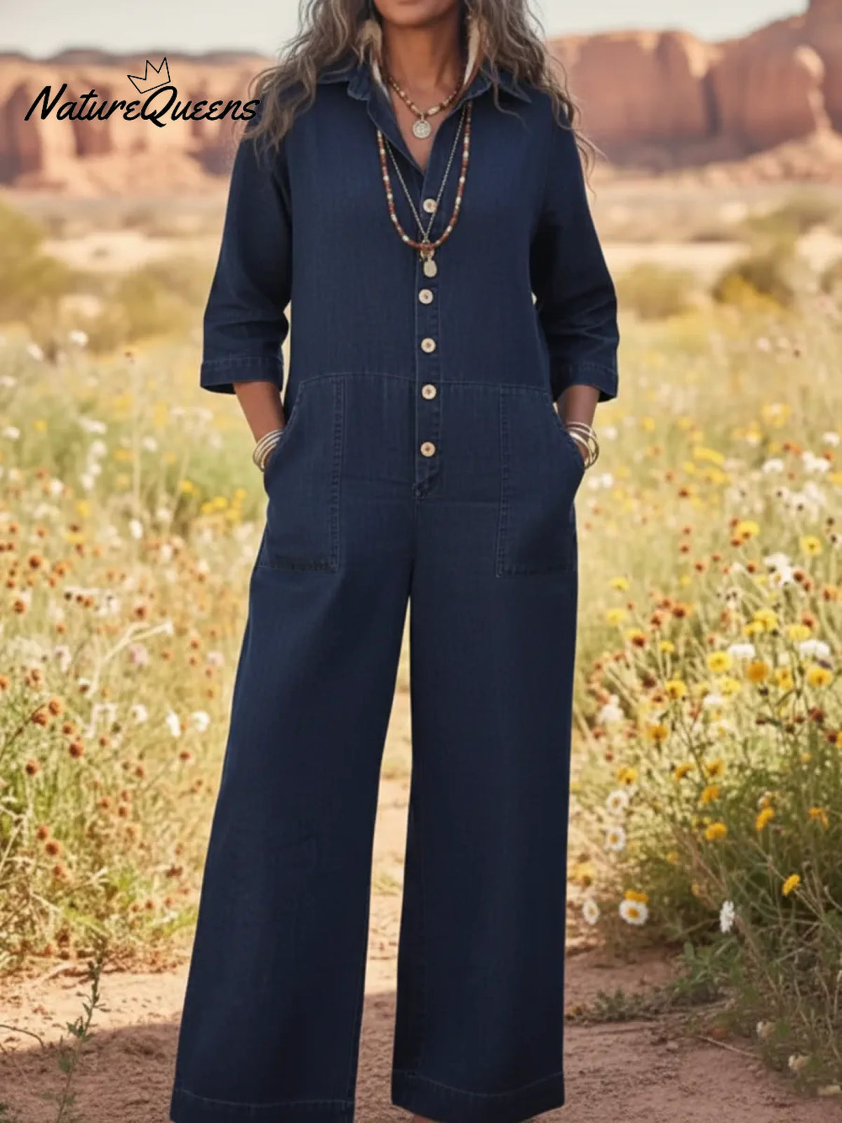 Women's Cozy Loose Collar Button-up Denim Jumpsuit