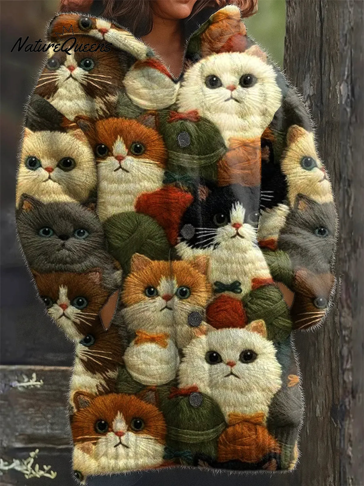 Women's Funny Cats Pattern Art Print Casual Fleece Coat