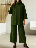 Women's Solid Color High-neck Long-sleeved Casual Loose Top With Elastic Waist And Wide-leg Pants Autumn/winter Set