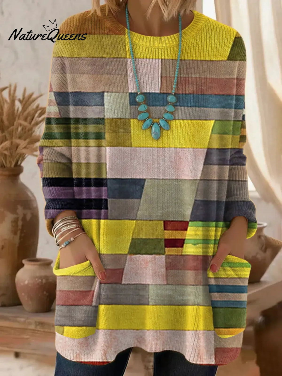 Women's Abstract Geometric Art Pattern Art Print Casual Cotton Knitted Sweater