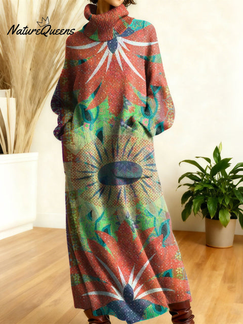 Women's Retro Color Flowers Gradient High-neck Long-sleeve Casual Loose Knit Dress