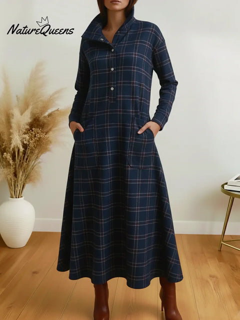 Women's Christmas Plaid Long-sleeved Cotton Dress
