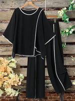 Women's Spring New Arrival Round Neck 3/4 Sleeve Casual Loose Cotton Top And High Waist Casual Loose Wide-leg Cotton Pants Set