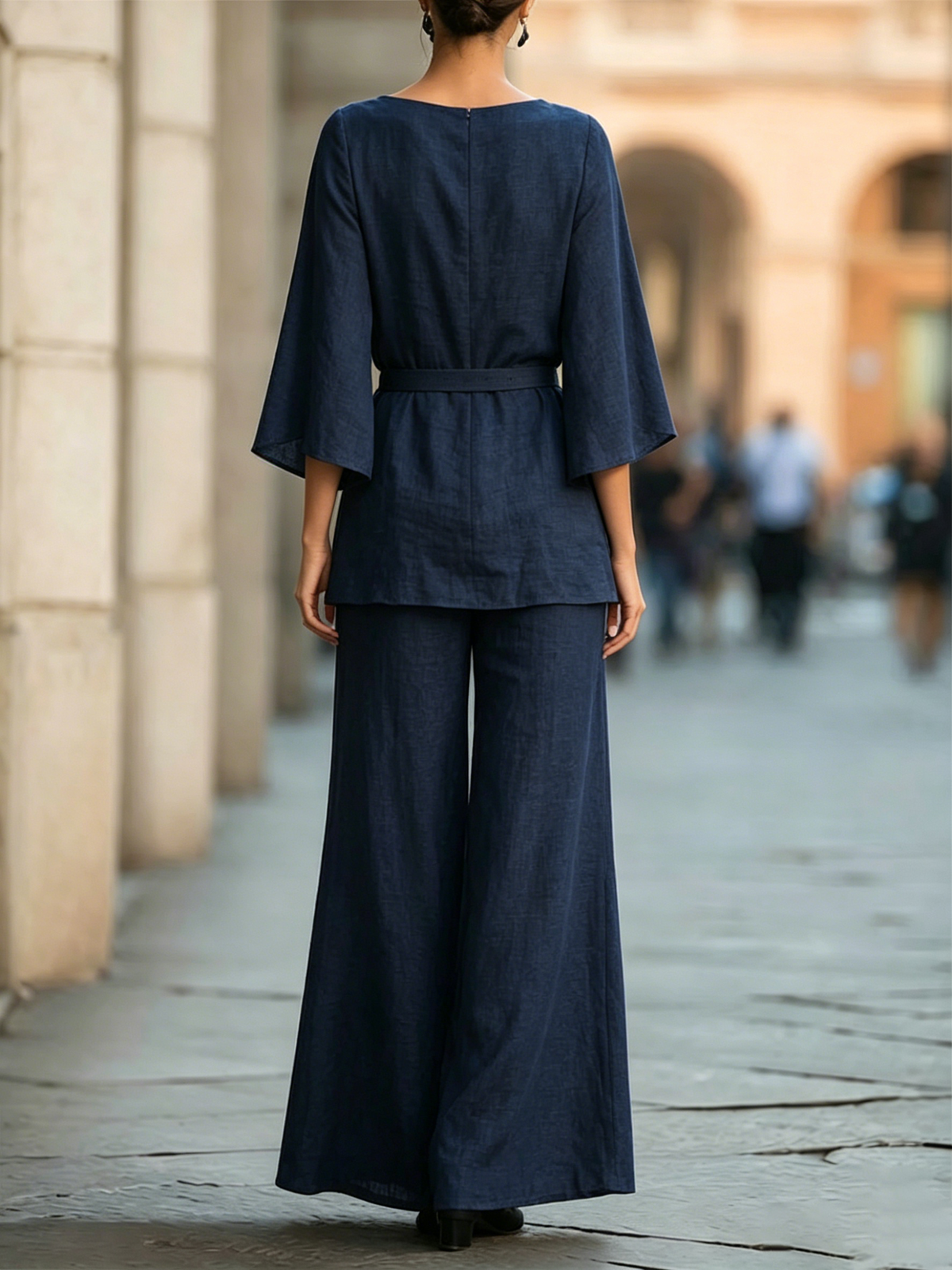 Cowl-neck, Slit-sleeve Top & Cotton-linen Wide-leg Pants Set