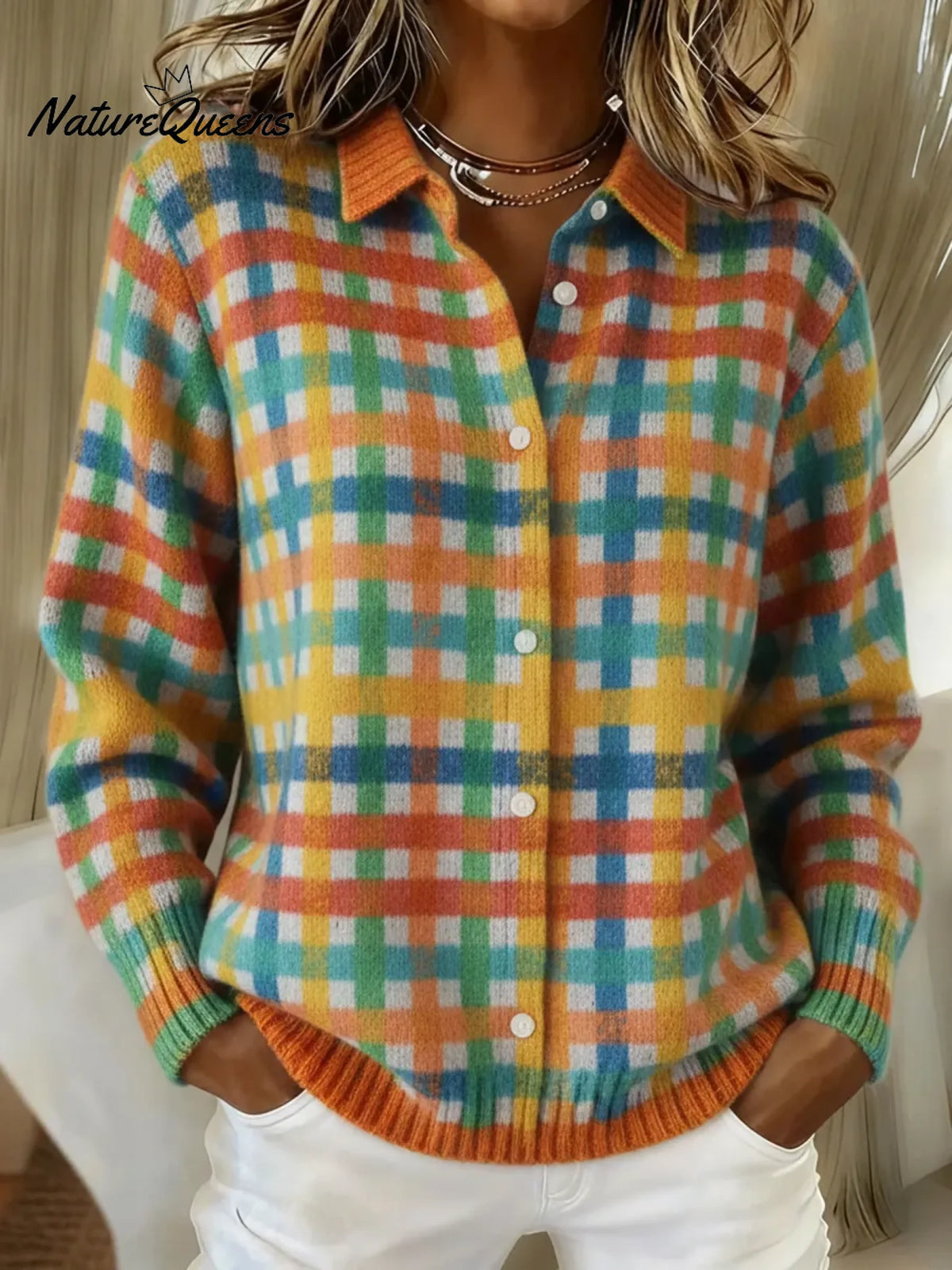 Colorful Palette Artistic Plaid Print Knit Cardigan Sweater