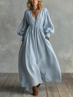 Waist-elastic Linen And Cotton Lantern-sleeved Dress