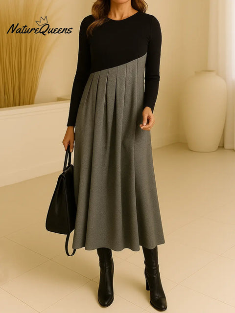 Women's Color-blocked Round Neck Long-sleeved Casual Loose A-line Dress