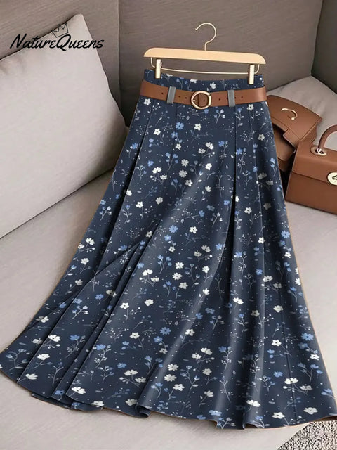 Women's Dark Blue With Small Floral Print Cotton Skirt