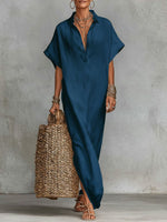 Women's Solid Color Collared Short-sleeved Casual Loose Linen Dress