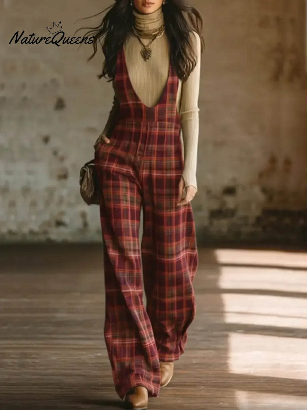 Women's Retro Plaid Cotton Jumpsuit