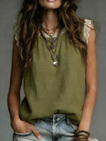 Women's Retro Round Neck Lace-paneled Sleeveless Loose-fit Solid-color Linen Shirt