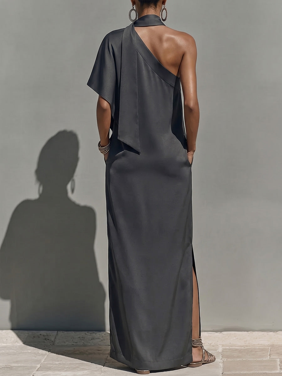 Women's Solid-color Off-shoulder Short-sleeve Casual Loose Satin Dress