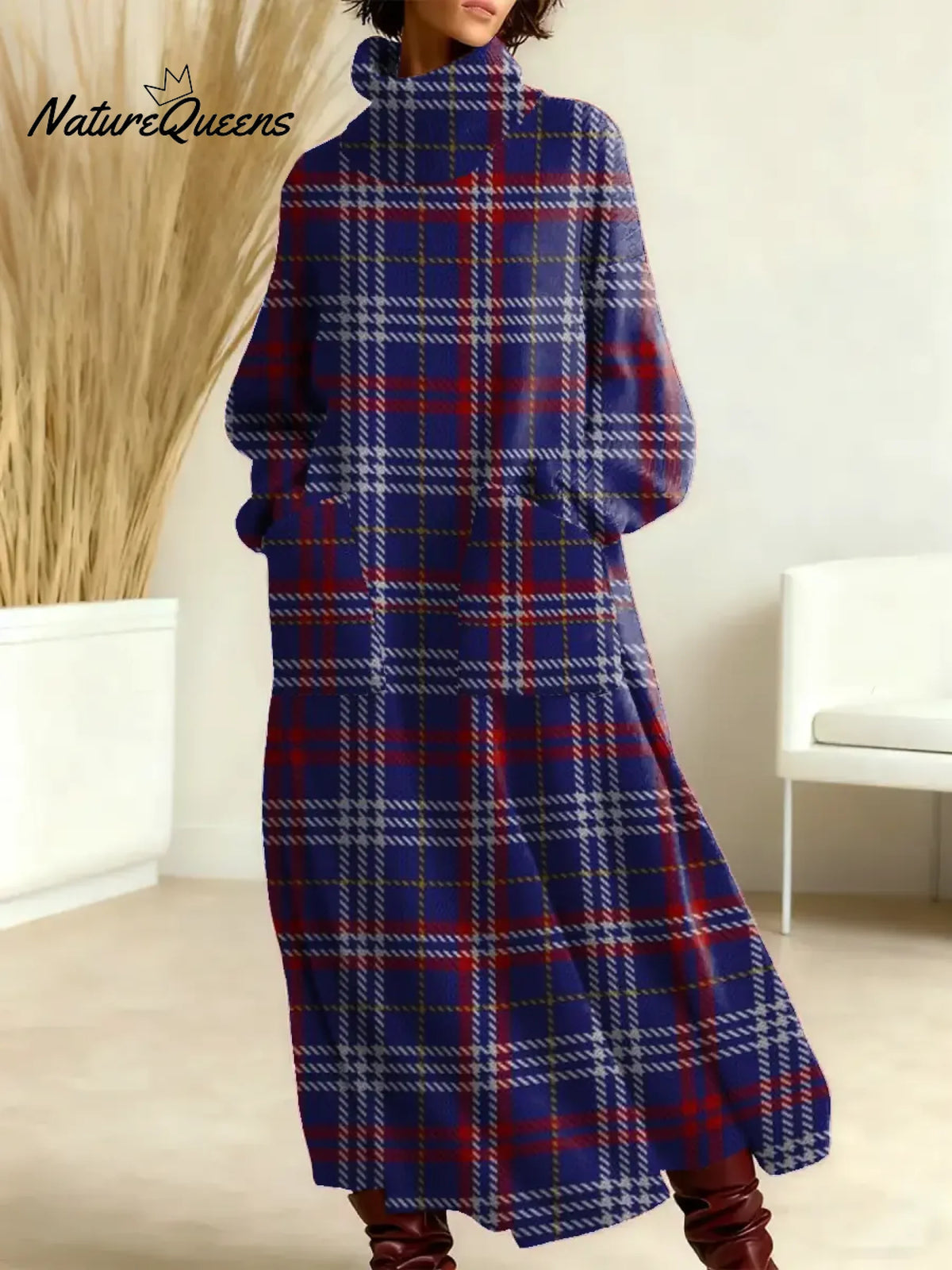 Women's Vintage Plaid Art Print Casual Cotton Knitted Dress