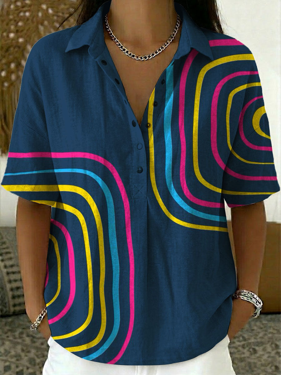 Women’s Geometry Print Cotton Linen Polo Shirt