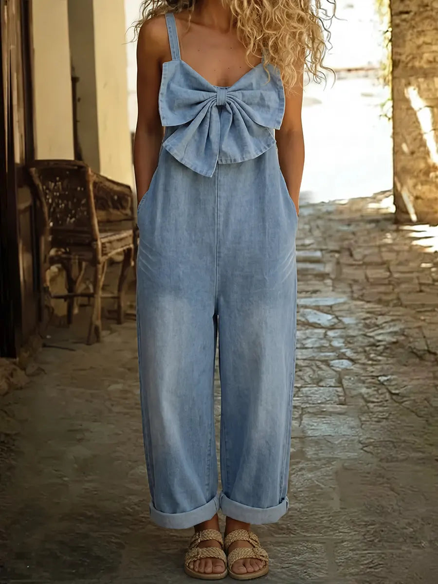 Women's Bow-tie Casual Washed Denim Wide-leg Jumpsuit