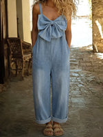 Women's Bow-tie Casual Washed Denim Wide-leg Jumpsuit
