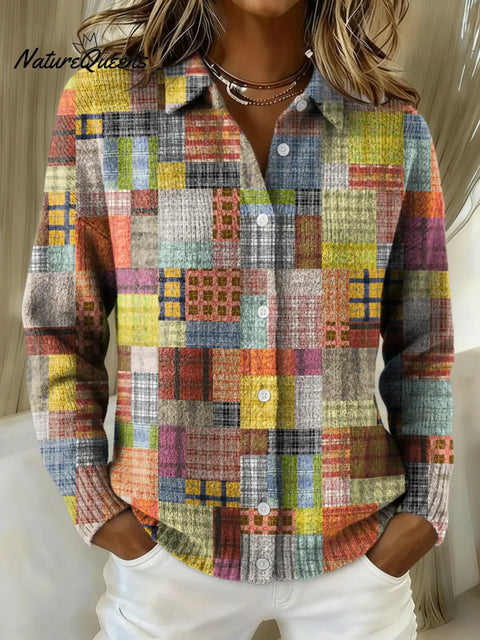 Women's Retro Patchwork Small Check Printed Collared Sweater