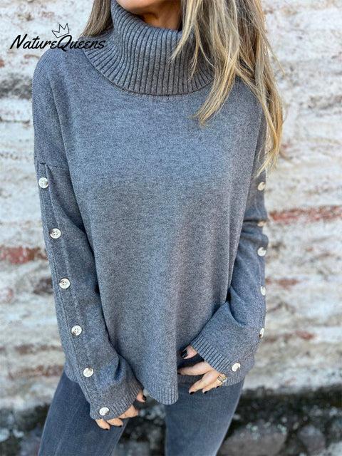 Women's Solid Color Casual Turtleneck Button Sweater