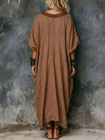 Women's Solid-color V-neck 3/4-sleeve Casual Loose Cotton-linen Dress