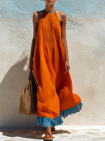 Vacation Retro Pleated Halter Dress With Contrast Ruffles