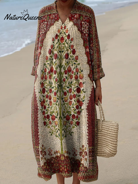 Exotic Mysterious Fruit Tree Decorative Pattern Women's Casual V-collar Long Sleeve Dress