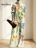 Women's Cute Cats Art Print Casual Cotton Knitted Suits