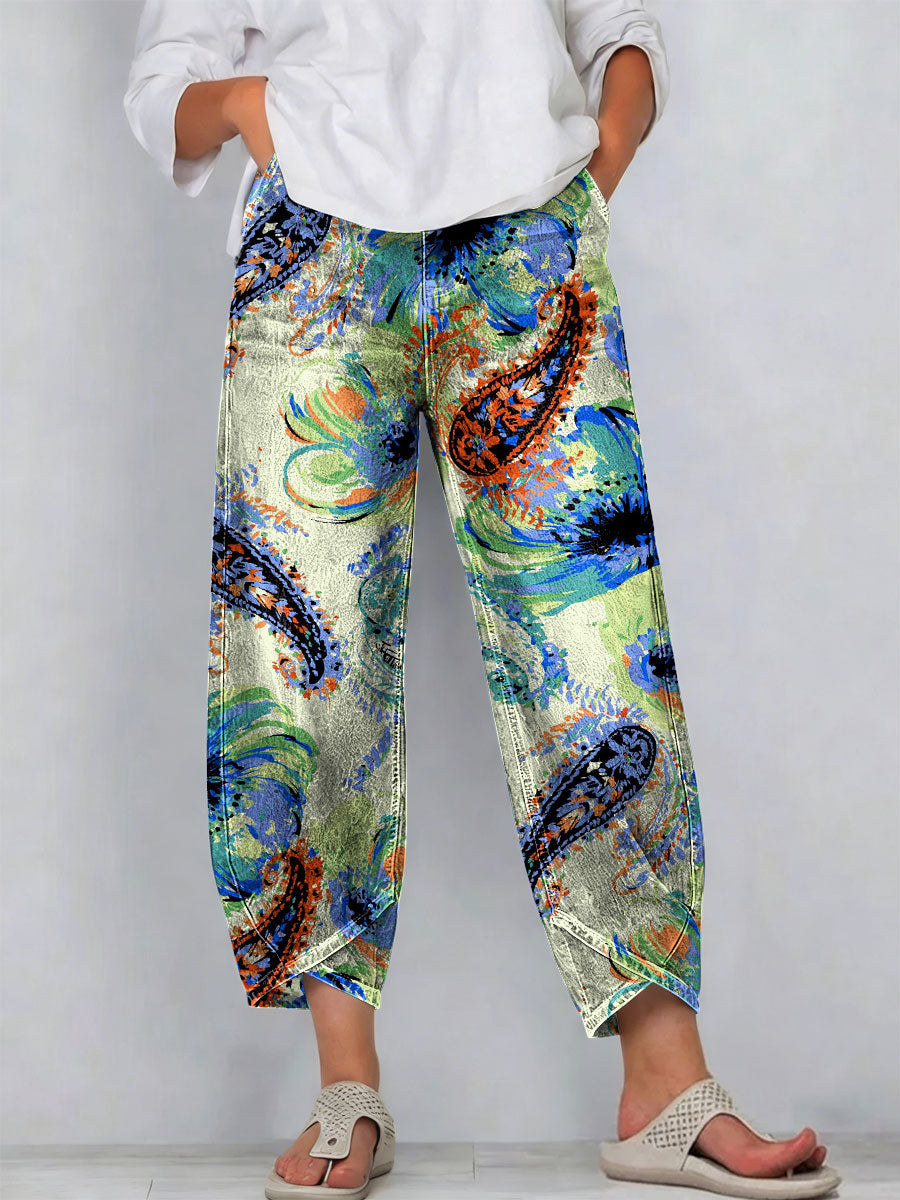 Women's Vintage Nationality Pattern Art Prints Casual Denim Cotton Pants