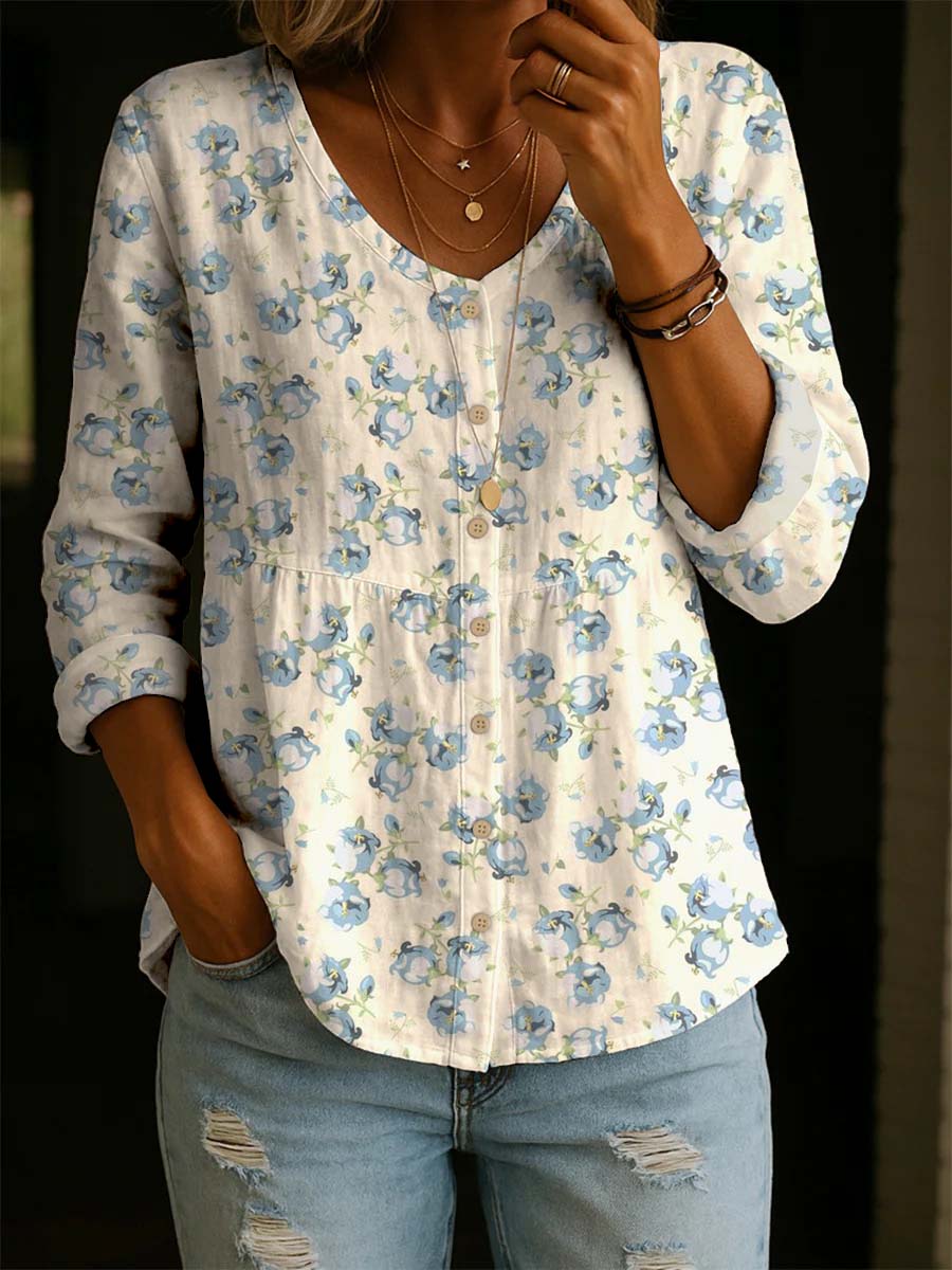Women's Retro Blue Cute Flowers Print Casual Cotton Shirt