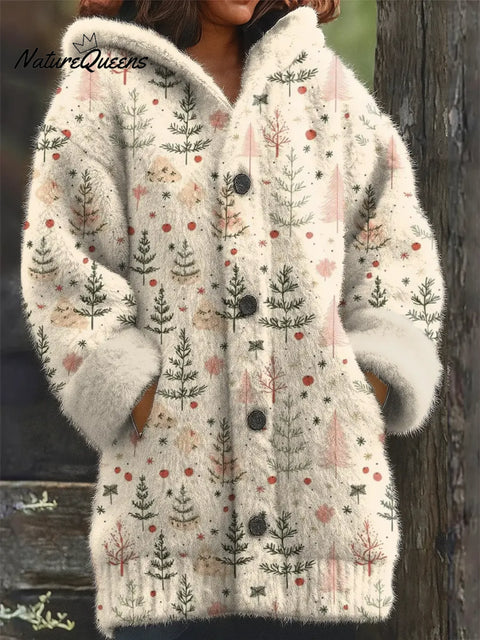 Women's Christmas Tree Pattern Art Print Casual Fleece Coat