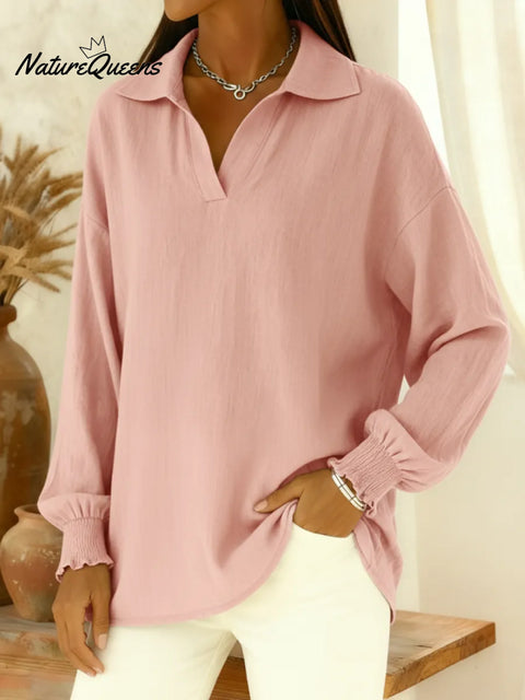 Cozy Polo Collar Lantern Sleeve Linen Shirt Top