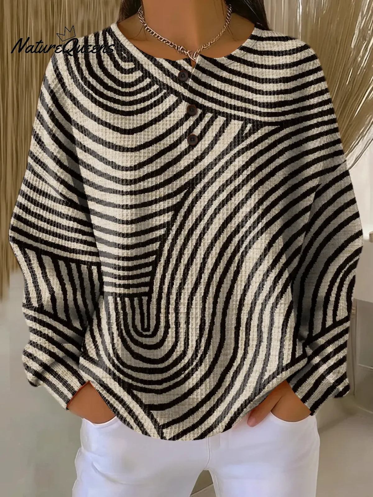 Women's Geometric Pattern Art Print Casual Waffle Sweatshirt