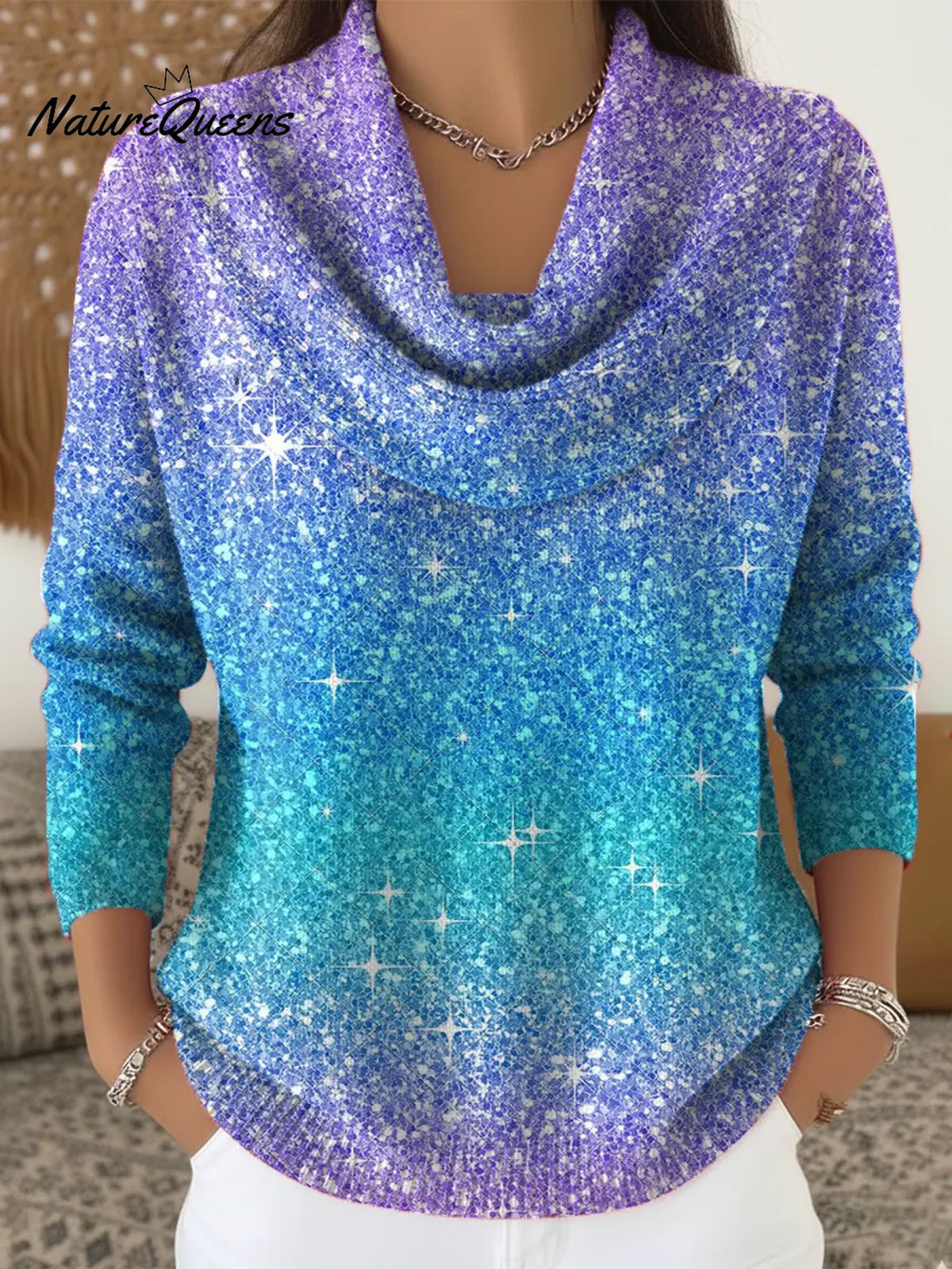 Women's Shiny Gradient Color Art Print Cowl Neck Sweater