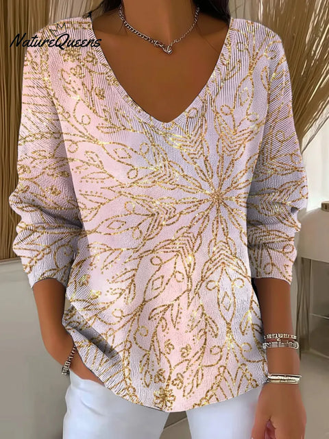 Women's Sparkling Golden Patterns Casual Pullover Sweater