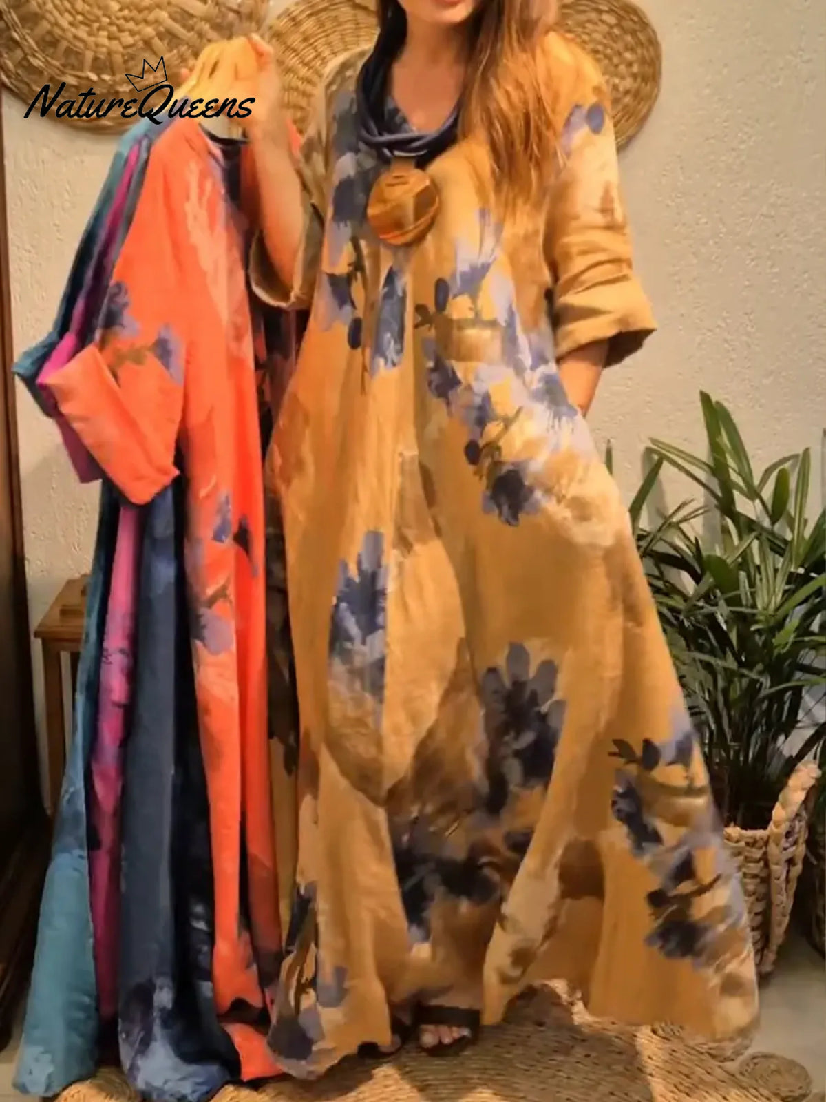 Women's Vintage Abstract Print V-neck Long-sleeved Casual Loose Cotton Dress