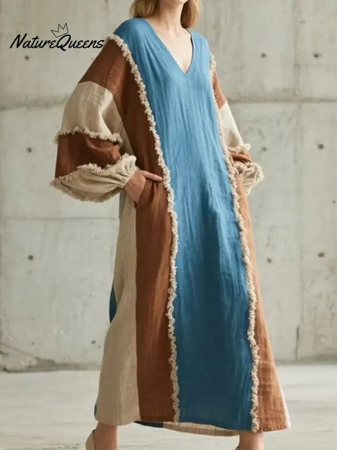 Women's Color-blocked V-neck Cotton Linen Dress