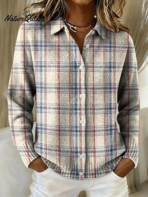 Women's Retro Minimalist Plaid Printed Collared Sweater
