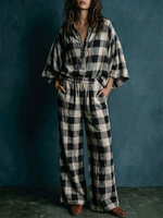 Two-piece Set: Cotton-linen Top With A Partial Button Placket, Plaid Pattern, And Batwing Mid-length Sleeves + Wide-leg Pants With An Elastic Waist.