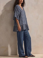 Women's Blue Mood Spliced Striped Cotton-linen Casual Set