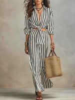 Women's Elegant Vertical Stripe Shirt Two-piece Set