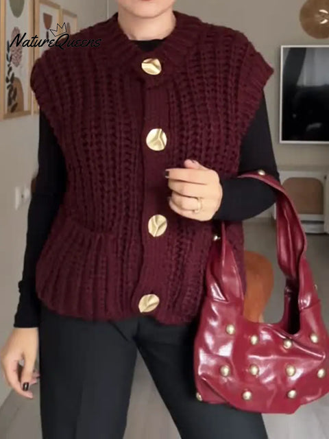 Women's Solid Color Round Neck Sleeveless Casual Loose Vest Knit Cardigan