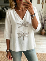 Boho Dragonfly-print Cozy V-neck Cotton-linen Shirt