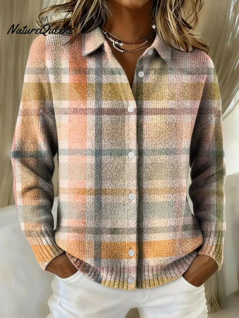 Women's Gradient Plaid Print Printed Collared Sweater