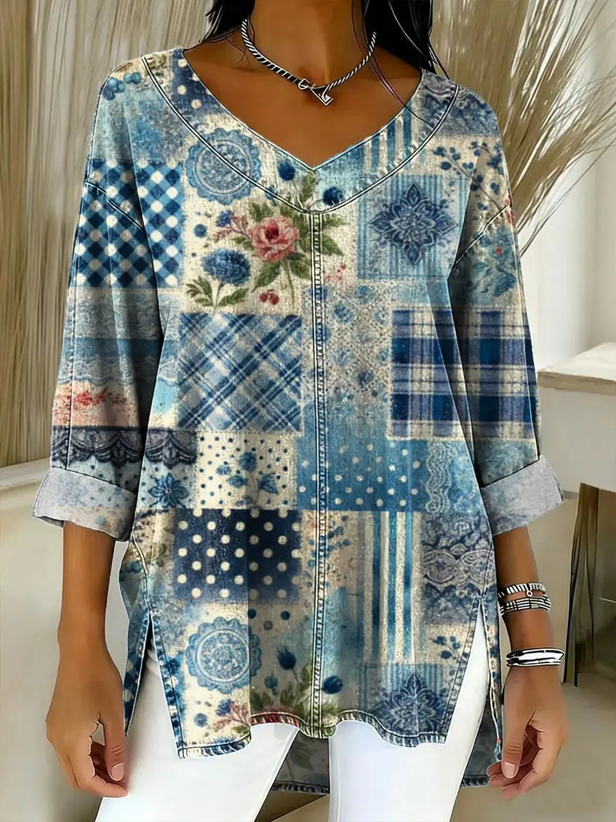 Women's Floral Pattern Art Print Casual Denim Shirt