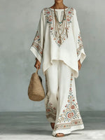 Women's Vintage Ethnic Floral Pattern Art Print Casual Cotton Linen Suits