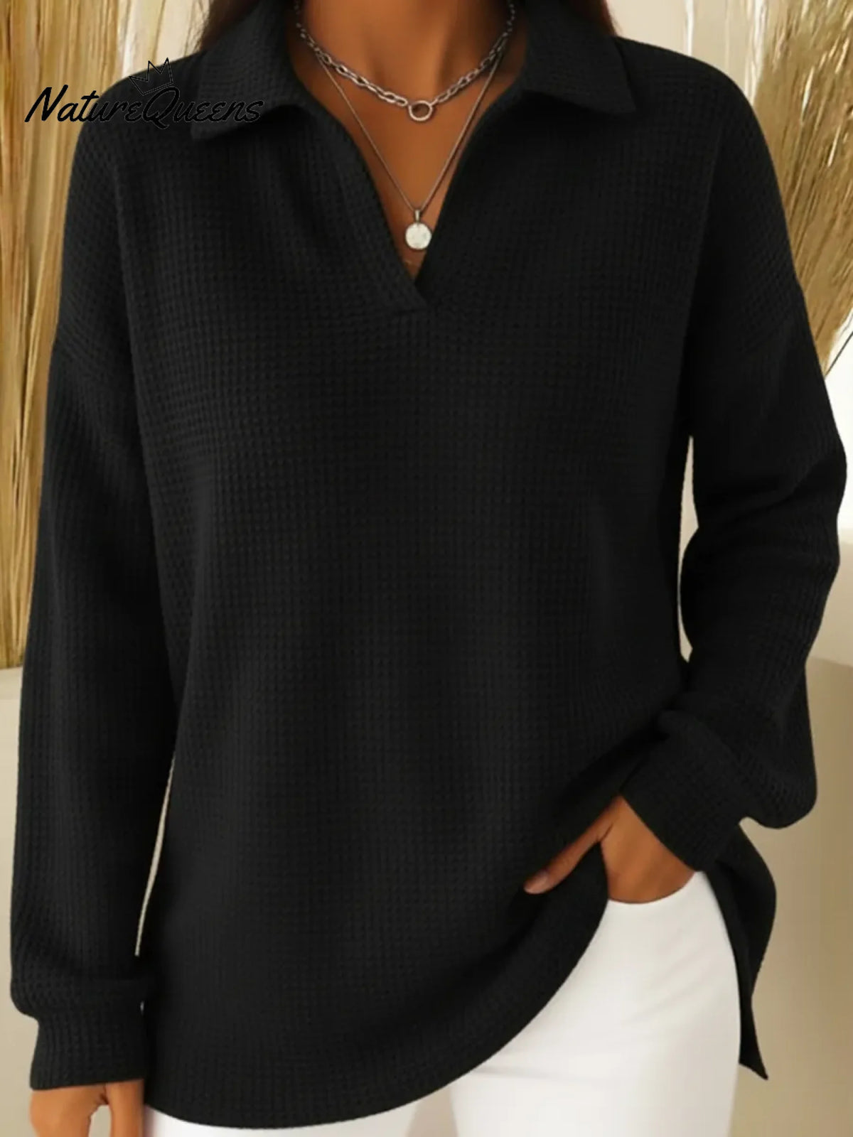 Casual Solid Color Waffle Knit Polo Collar Sweatshirt