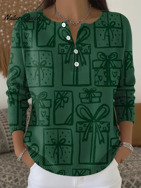Christmas Gift Green Print Buttoned Cardigan Sweater