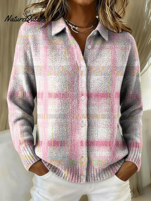 Women's Pink Stripes Printed Collared Sweater