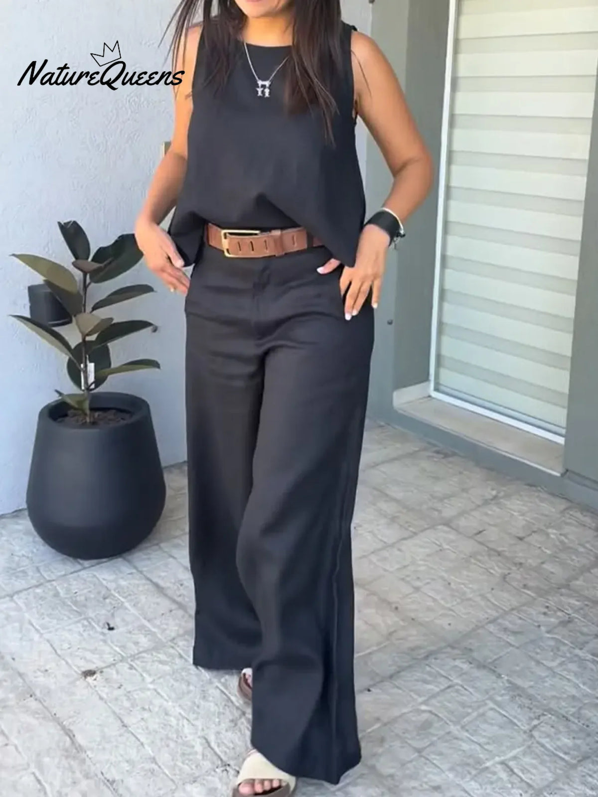 Women's Casual Linen And Cotton Vest And Pants Two-piece Set