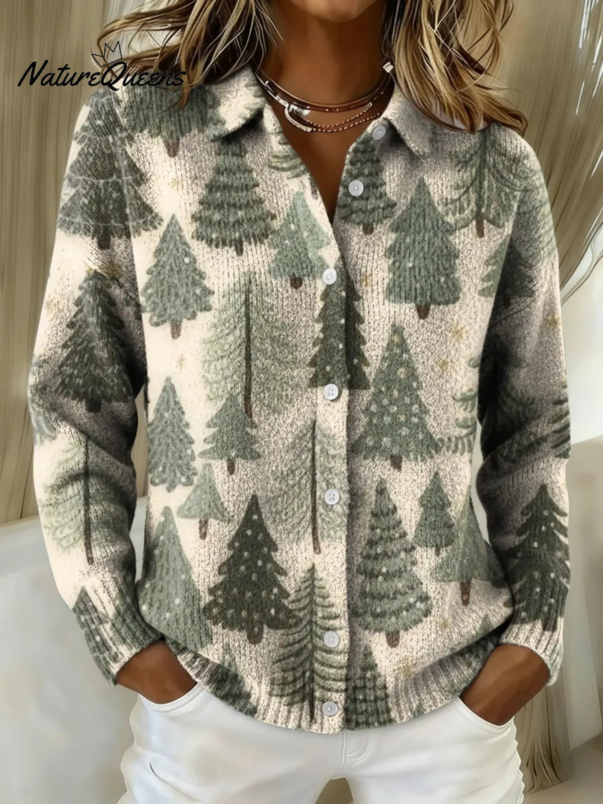 Women's Christmas Tree Printed Collared Sweater